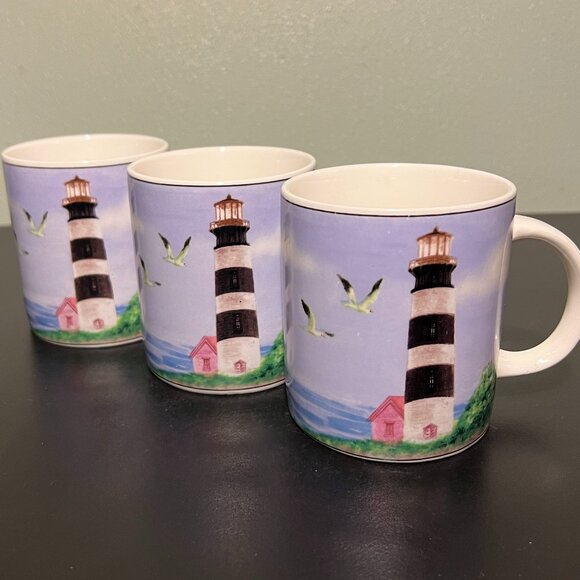 Set of 3 Thomson Pottery LIGHTHOUSE Ceramic Mugs Coast Sailboat Seagulls - Picture 8 of 11